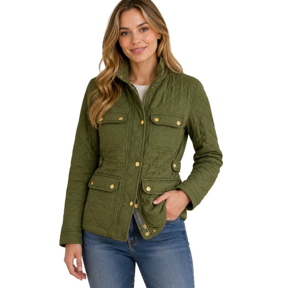 J.Crew Olive Quilted Safari Jacket XS Utility Field Coat Gold Hardware